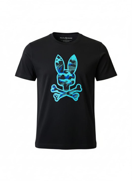 Playera Psycho Bunny Negra estampado con logo camuflaje azul