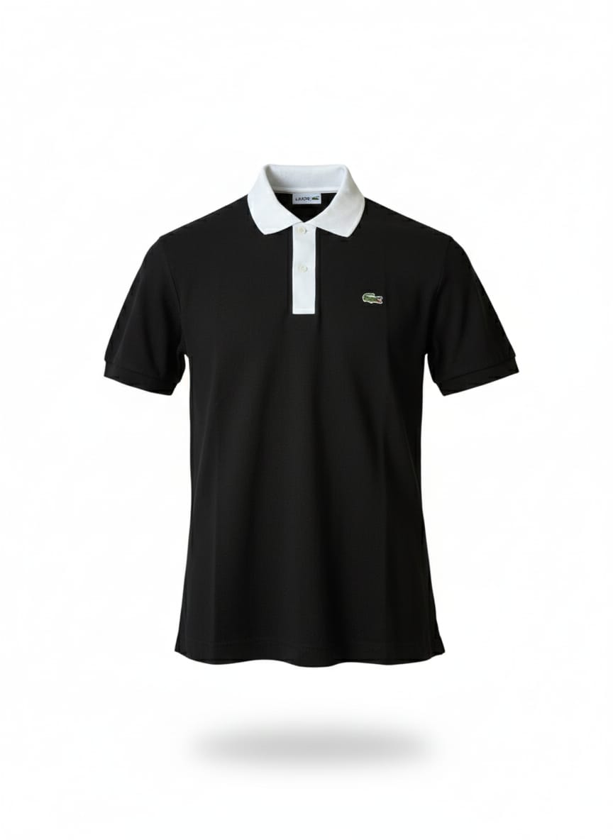 Polo de Piqué Lacoste negra, Corte Regular, Cuello acanalado con ribete en contraste