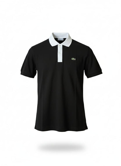 Polo de Piqué Lacoste negra, Corte Regular, Cuello acanalado con ribete en contraste