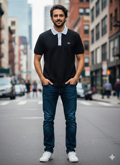 Polo de Piqué Lacoste negra, Corte Regular, Cuello acanalado con ribete en contraste